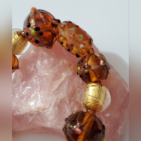 Vintage murano lampwork lamp beads venetian Italy bracelet amber gold foil beads - Picture 4 of 13